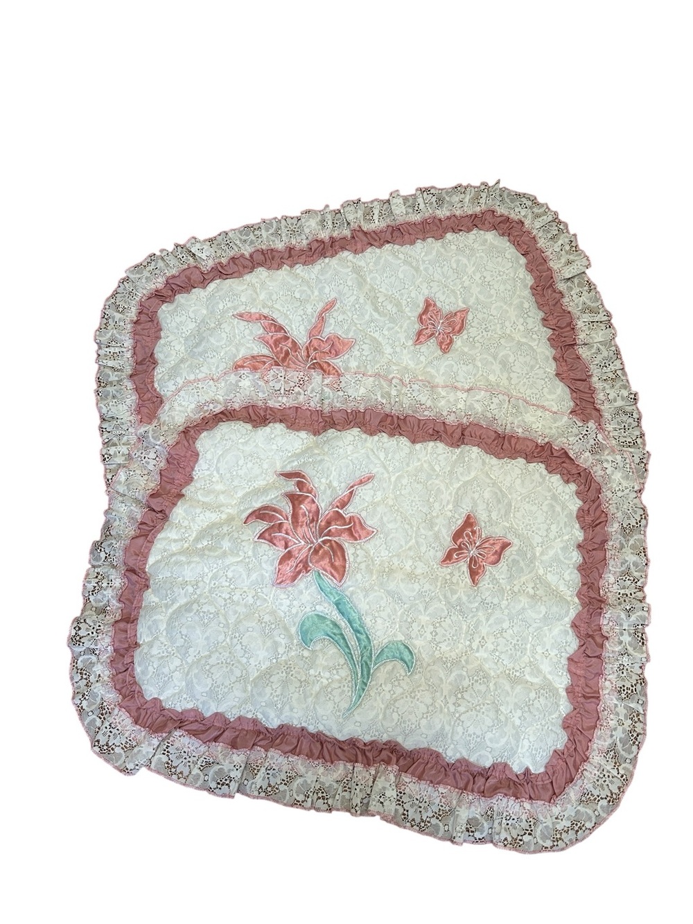 Vintage 90s Mauve Butterfly & Lily Quilted Lacy Pillow Shams - Set of 2